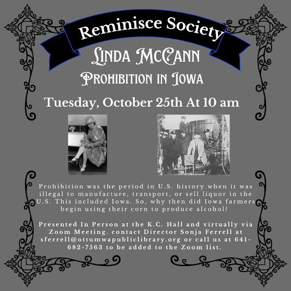 Reminisce Society meeting Oct. 25, 2022 – Linda McCann Prohibition in Iowa