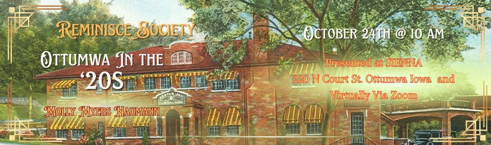 Reminisce Society: “Ottumwa in the 20s” presented by Molly Myers Naumann