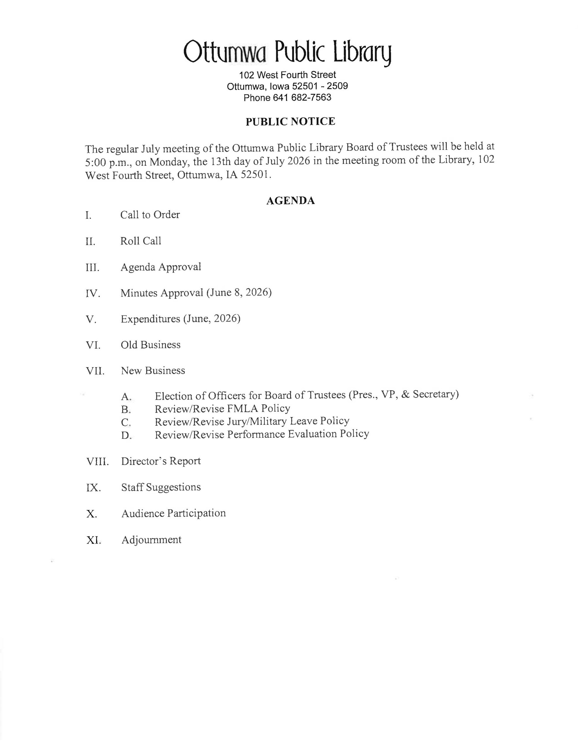 Ottumwa Public Library Board of Trustees July, 2026