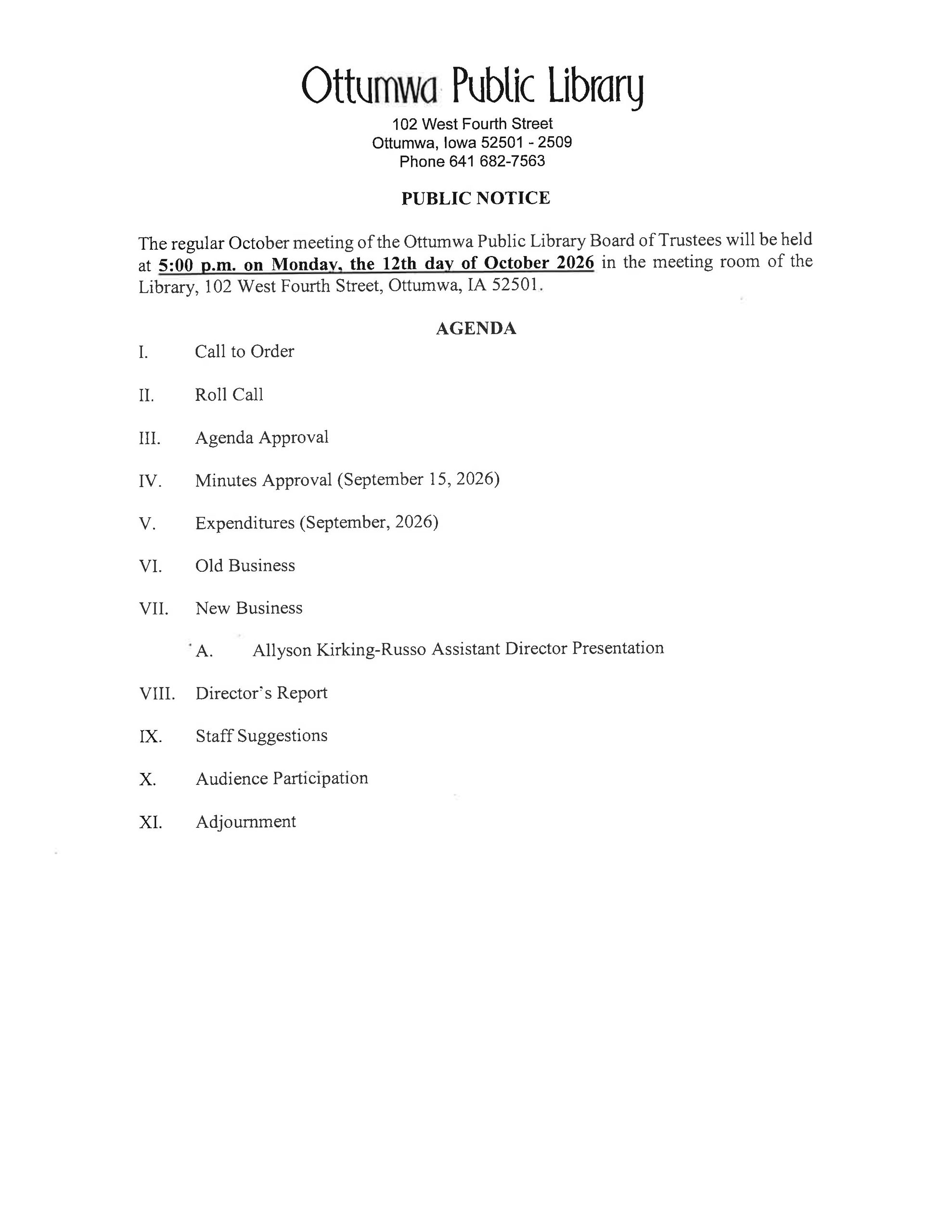 October Library Board Meeting